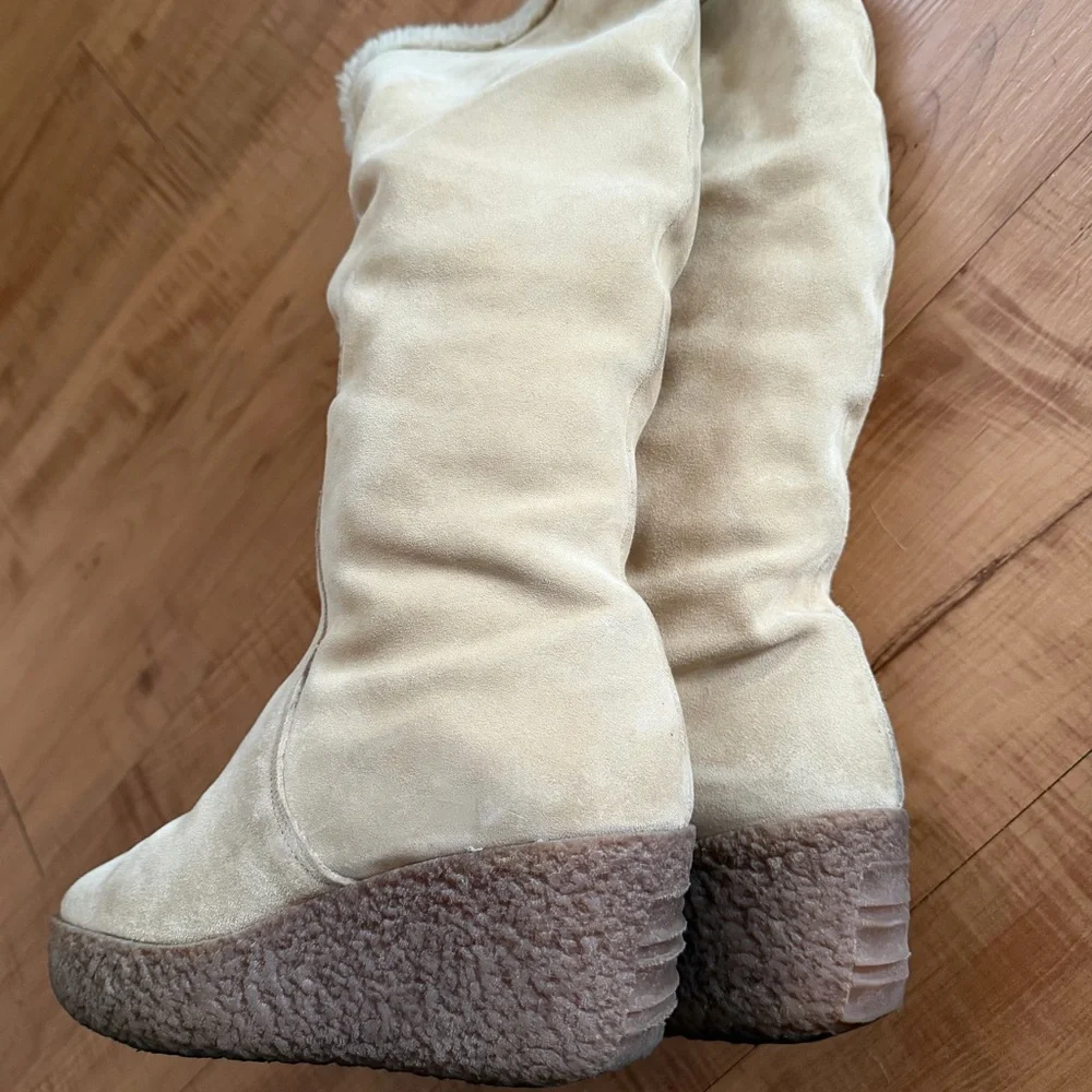Michael Kors Genuine Suede Sherpa Lined Cozy Beige Tan Platform Wedge Boots